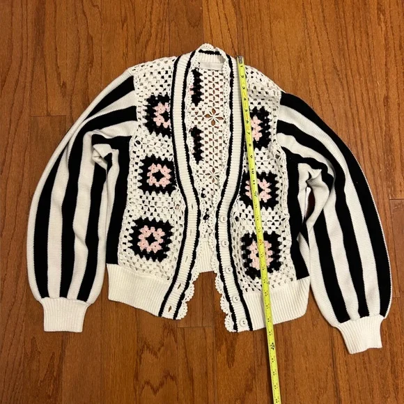 Anne Fontaine Black and Cream Crochet Cardigan Black White Pink Knit Size M